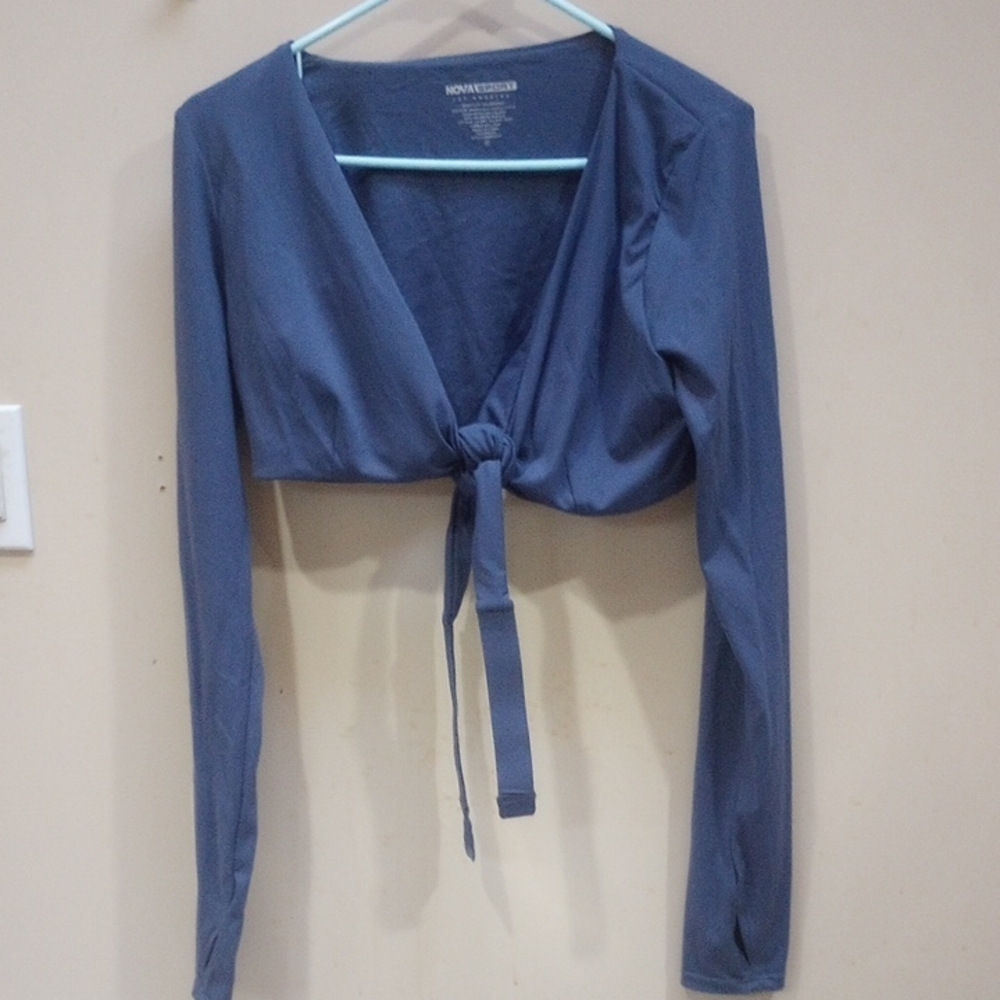 Forever 21 Blue Long Sleeve Tie-Front Crop Blouse
